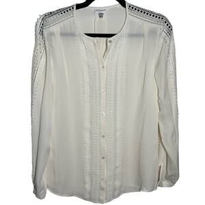 LK Bennett Women's White Sheer Lace Button Front Long Sleeve Blouse Size 8